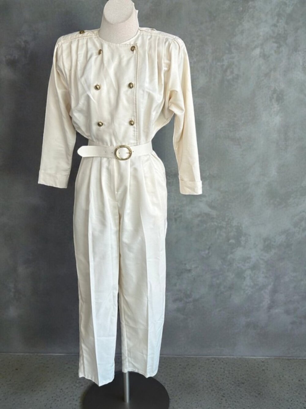 Fauroche by Lori Weidner Vintage 80s Cream Military Jumpsuit Gold Buttons Size 5